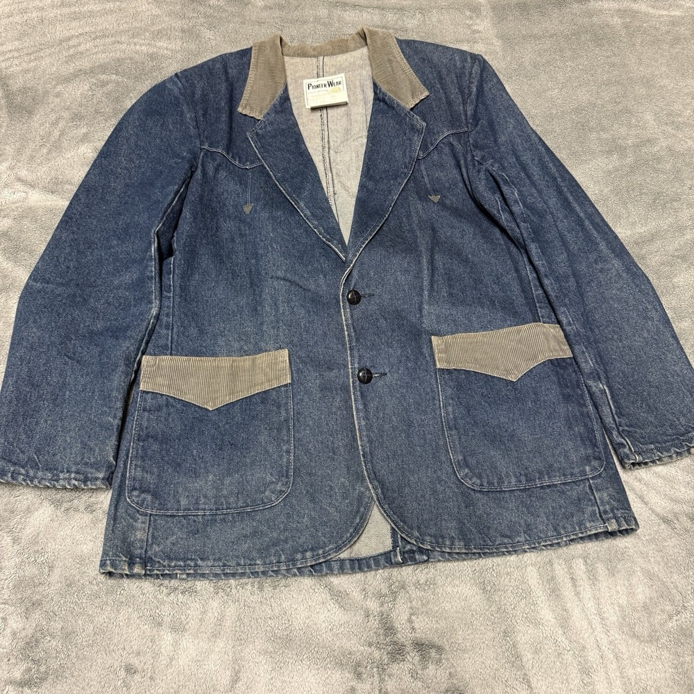 Pioneer Wear Denim Blazer Jacket Mens 44L Blue Jean Coat Western Rockabilly Vtg